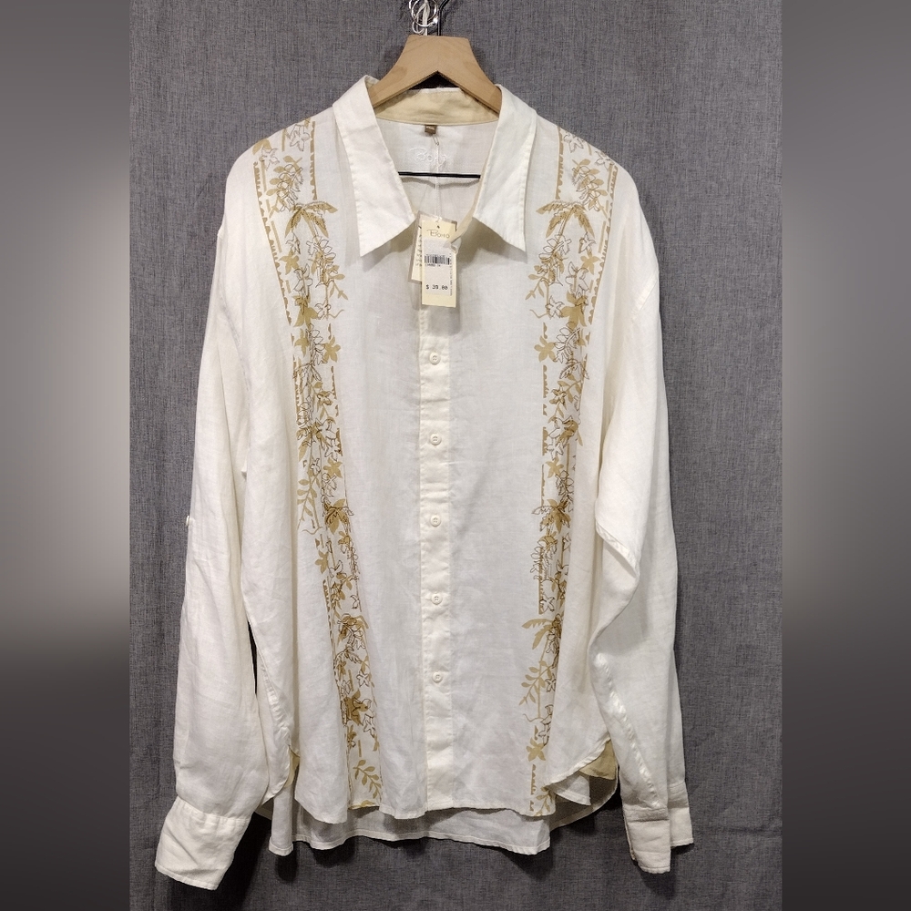 NWT Bohio 100% Linen Cuban Style Button Shirt Mens XXXL White Tan Beach Vacation